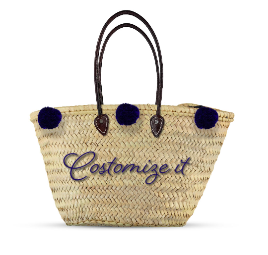 Beach bag - Monogrammed Straw Bag with Pompoms - leather