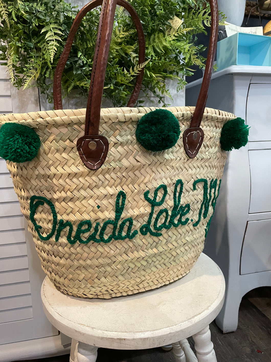 Market Bag with Dk Green Pompoms